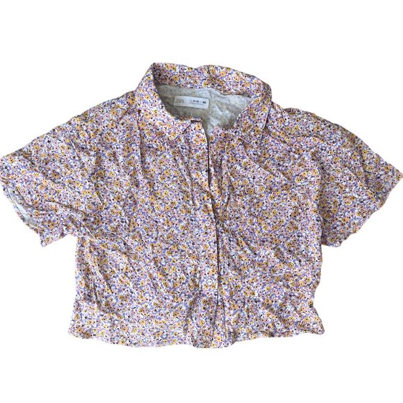Zara Short Sleeve Crop Button Down Floral Top Purple White Size 11-12 years - Picture 2 of 7